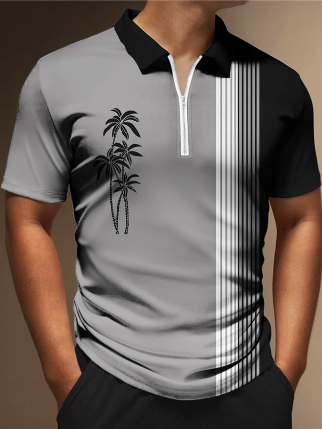  Men's Zip Polo Polo Shirt Golf Shirt Coconut Tree Striped Graphic Prints Geometry Turndown Black White Red Green Gray Outdoor Street Short Sleeves Zipper Print Clothing Apparel Fashion Designer