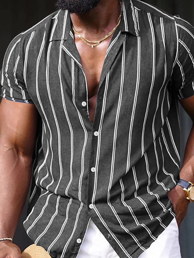  男性用 シャツ ボタンアップシャツ サマーシャツ カジュアルシャツ ブラック ルビーレッド ブルー グリーン 半袖 ストライプ ラペル ストリート バケーション プリント 衣類 ファッション レジャー