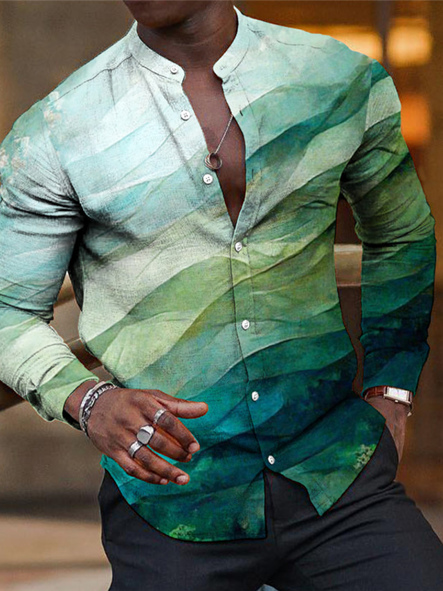  Męskie Koszula lniana koszula Gradient Wzory graficzne Kołnierz stawiany Rumiany róż Niebieski Fioletowy Zielony Szary Na zewnątrz Ulica Długi rękaw Nadruk Odzież Len Moda Moda miejska Designerskie