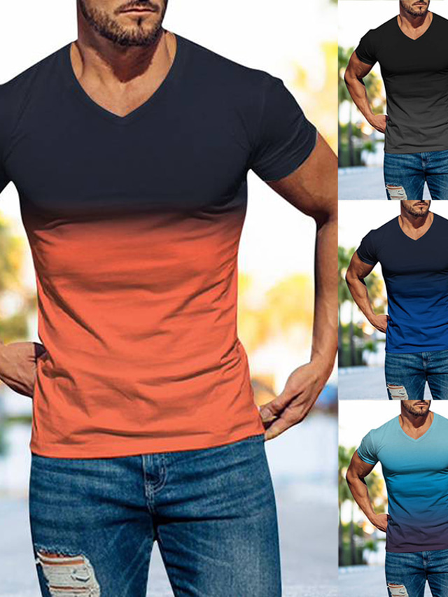  Hombre Camiseta Camiseta superior Degradado Escote en Pico Calle Vacaciones Mangas cortas Ropa Moda Design Básico