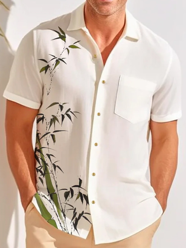  Męskie Koszula lniana koszula Koszula hawajska Wzory graficzne Liście Wieczorne Biały Na zewnątrz Ulica Krótkie rękawy Nadruk Odzież Len Sport Moda Moda miejska Designerskie