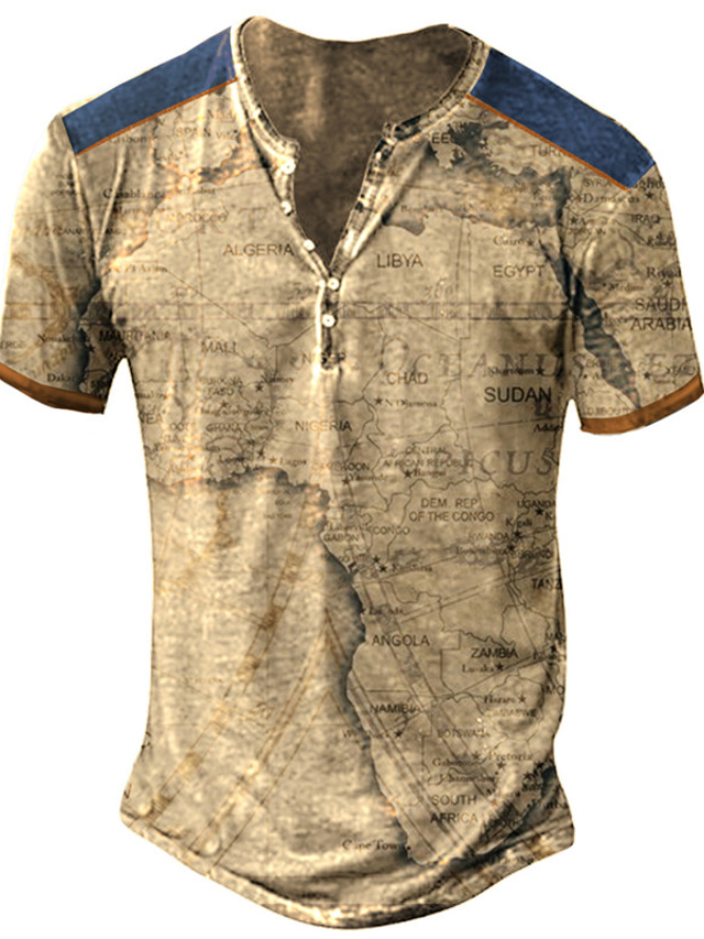  Men's T shirt Tee Henley Shirt Graphic Map Henley Clothing Apparel 3D Print Outdoor Daily Short Sleeve Button-Down Print Fashion Designer Casual Comfortable