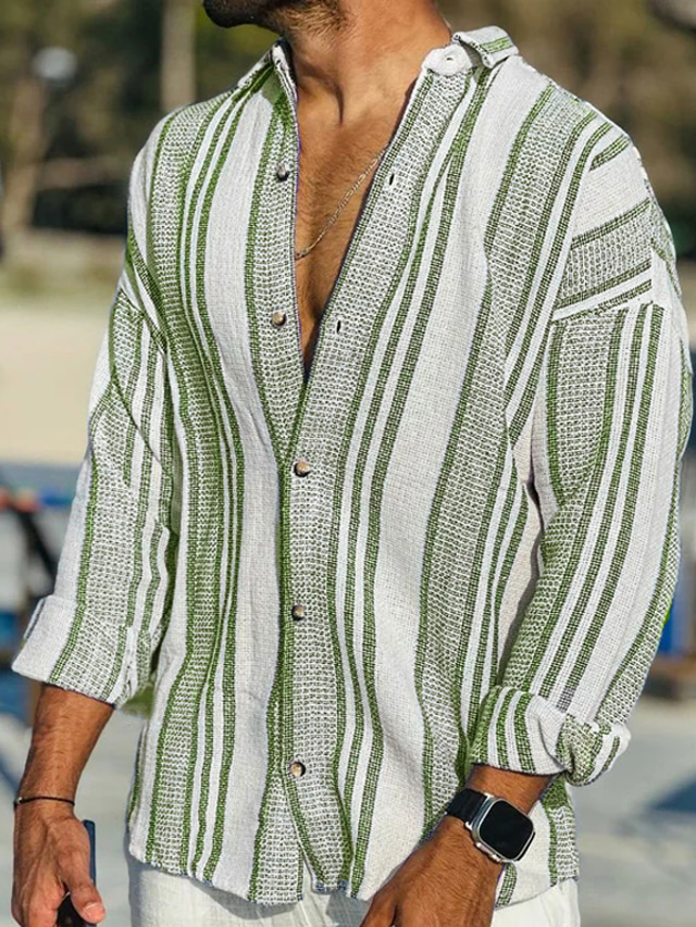  Per uomo camicia di lino Camicia con bottoni Maglietta informale Camicia estiva Camicia da spiaggia Rosa Blu Verde scuro Manica lunga A strisce Collo ripiegabile Primavera estate Esterno Per eventi