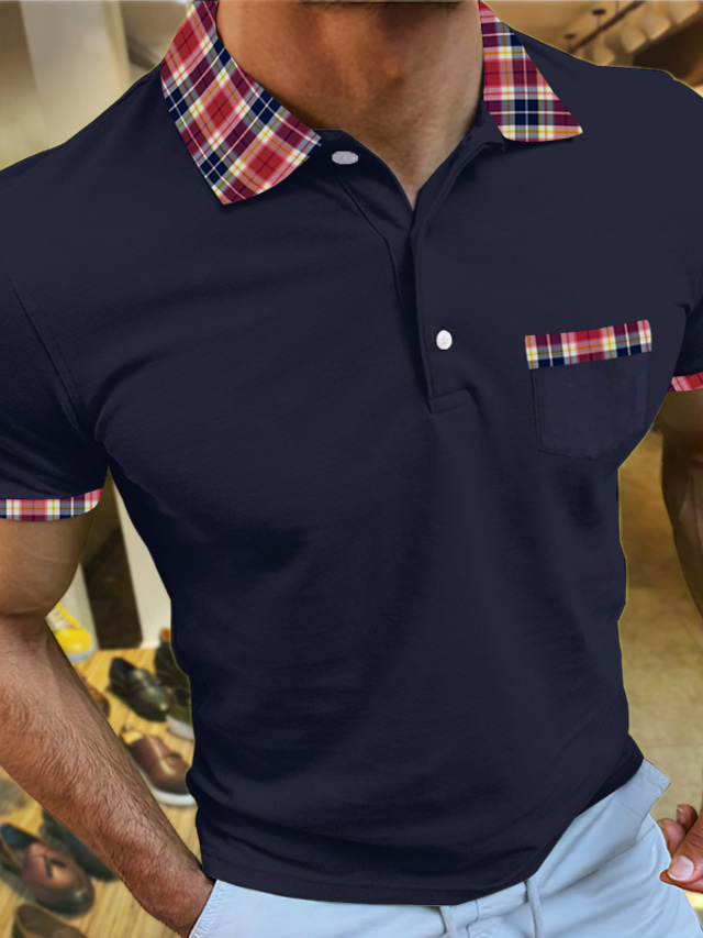  Hombre Polos con botones Camiseta de golf Casual Festivos Diseño Manga Corta Moda Básico Bloque de color Ajedrez Botón Bolsillo delantero Verano Ajuste regular Negro Blanco Azul Marino Azul Piscina