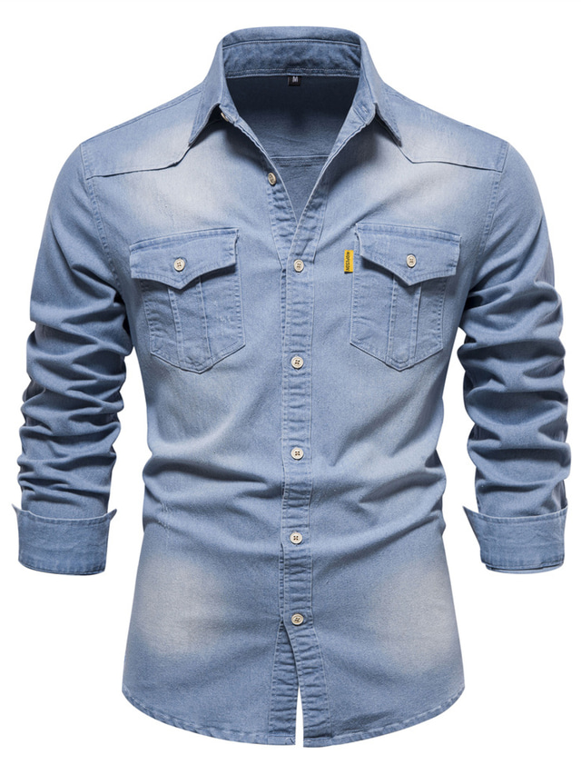  Herre Skjorte Denim Skjorte Helfarve Aftæpning Sort Blå Blå + blå Lyseblå Afslappet Daglig Langærmet Tøj Bomuld Enkel