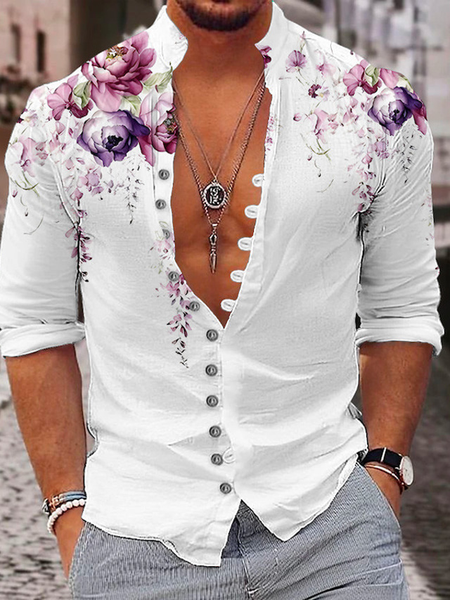  Men's Shirt Linen Shirt Floral Graphic Prints Stand Collar Purple Gray Outdoor Street Long Sleeve Print Clothing Apparel Linen Fashion Streetwear Designer Casual