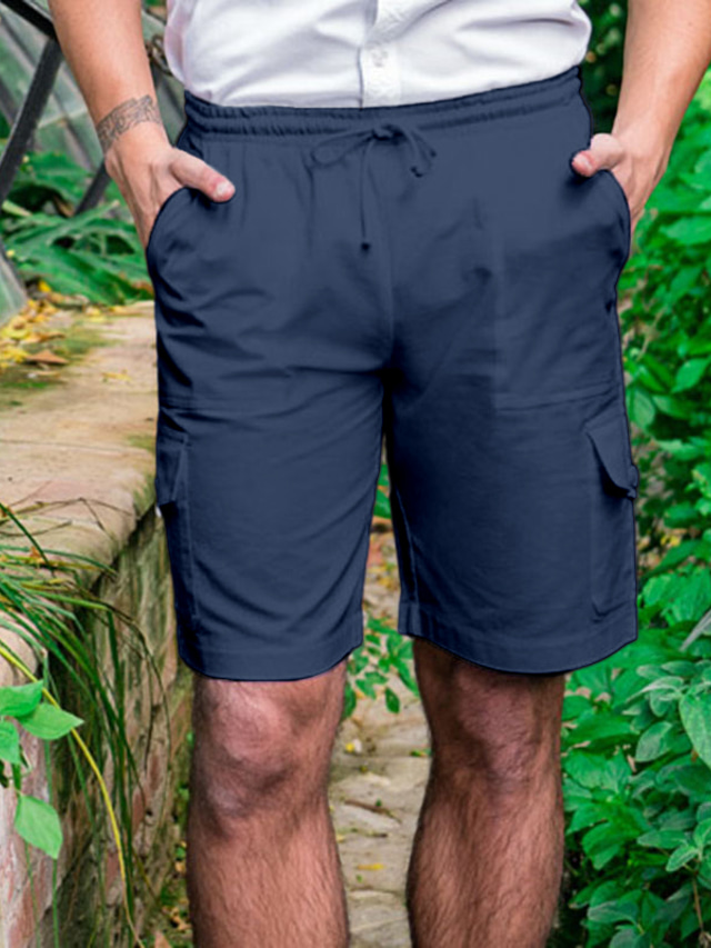  Hombre Pantalón corto Pantalones cortos de lino Pantalones cortos de verano Correa Cintura elástica Multi bolsillo Plano Comodidad Transpirable Exterior Diario Noche Moda Casual Negro Blanco