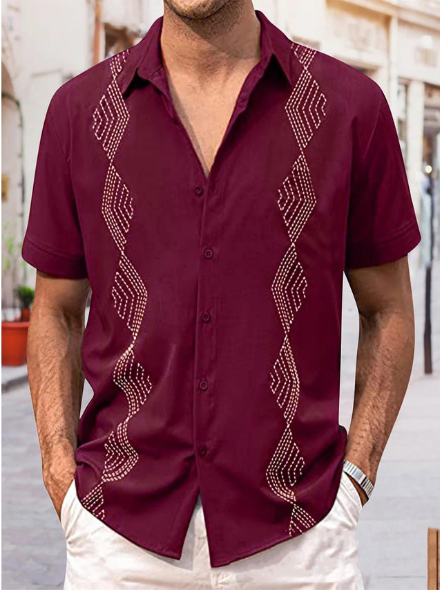  Herr Skjorta Hawaii skjorta Grafiska tryck Geometri Nedvikt Svart Vit Vin Marinblå Blå Utomhus Gata Kort ärm Button-Down Mönster Kläder Sport Mode Streetwear Designer