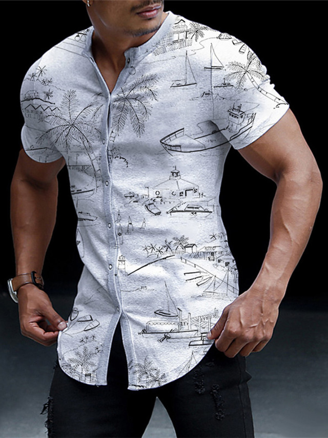  Men's Shirt Coconut Tree Graphic Prints Stand Collar White Green Outdoor Street Short Sleeve Print Clothing Apparel Fashion Designer Casual Comfortable