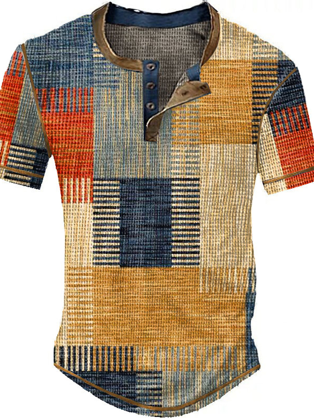  Herre Vaffel Henley skjorte Grafisk Ternet Farveblok Henley Tøj 3D-udskrivning udendørs Daglig Kortærmet Knap Mode Designer Basale