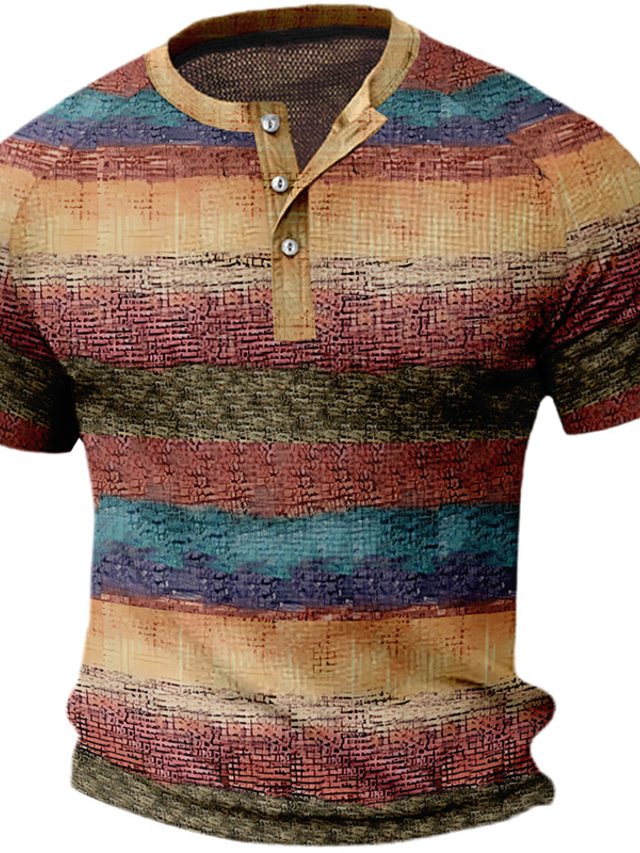  Herre Vaffel Henley skjorte Raglan T-shirt Grafisk Farveblok Stribet Henley Tøj 3D-udskrivning udendørs Daglig Kortærmet Knap Mode Designer Afslappet