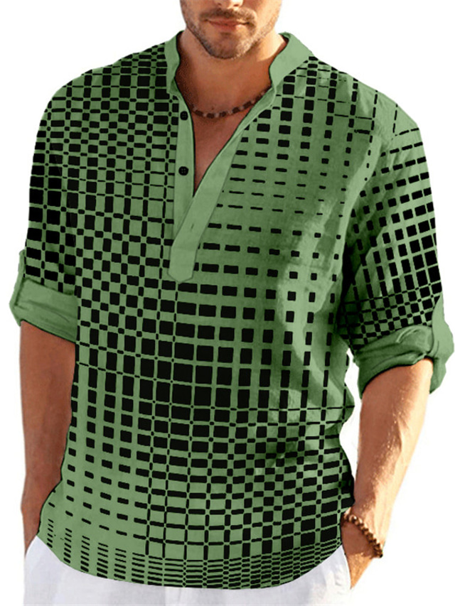  Men's Shirt Linen Shirt Plaid / Check Graphic Prints Geometry Stand Collar White Yellow Blue Green Light Blue Outdoor Street Long Sleeve Print Clothing Apparel Linen Fashion Streetwear Designer Casual