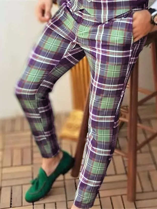  Men's Dress Pants Chinos Trousers Pocket Plaid Breathable Outdoor Business Casual Daily Retro Vintage Formal Green Purple Micro-elastic
