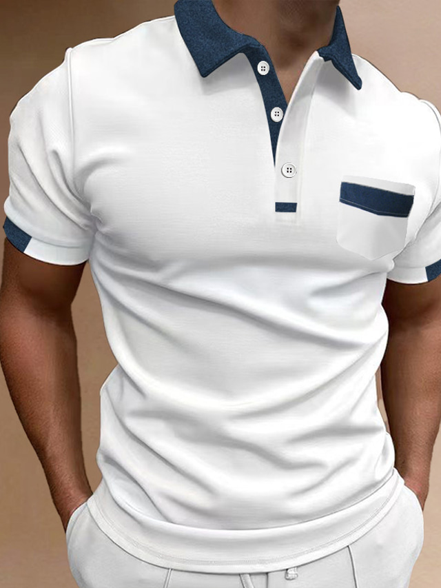  Men's Button Up Polos Polo Shirt Casual Holiday Lapel Classic Short Sleeve Fashion Basic Color Block Button Summer Regular Fit Navy Black White Blue Beige Gray Button Up Polos