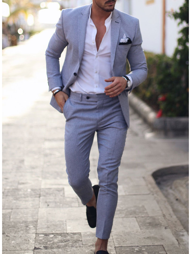  Blue Men's Wedding Linen Suits 2 Piece Sky Solid Colored Summer Suits Tailored Fit Single Breasted Two-buttons 2023
