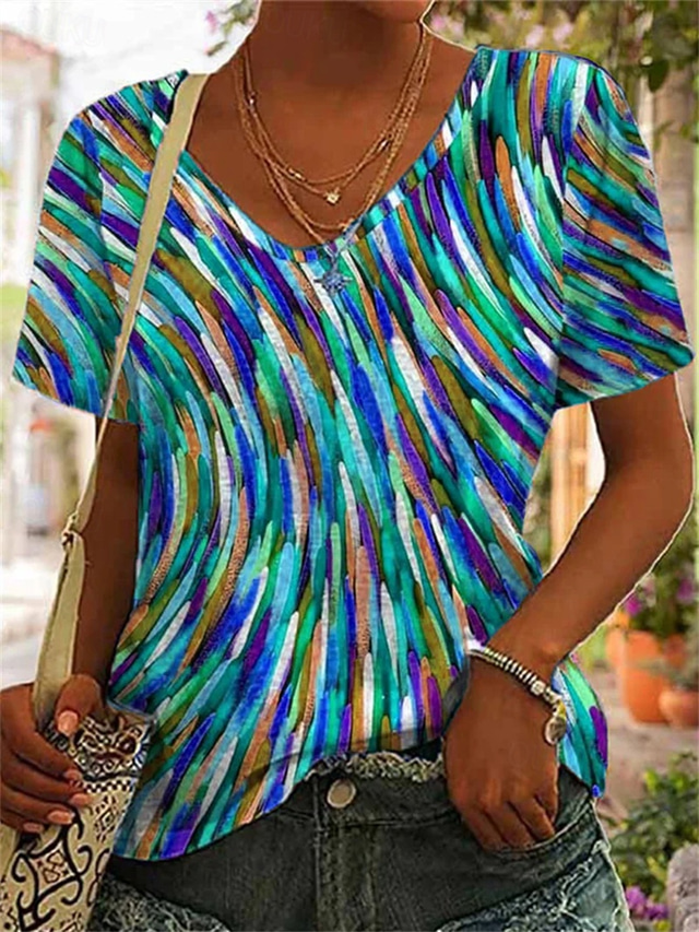  Women's T Shirt Graphic Basic Short Sleeve V Neck Regular Tops Daily Weekend Print Red Blue Green