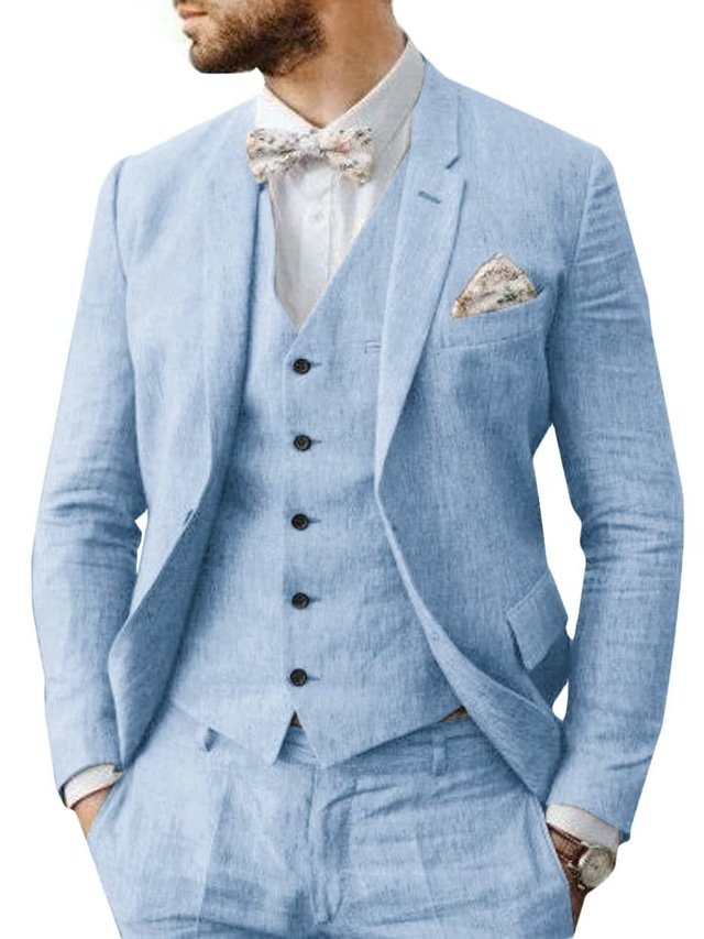  Light Blue White Champagne Men's Linen Suits Beach Wedding Summer Suits Solid Colored 3 Piece Tailored Fit Single Breasted Two-buttons 2024