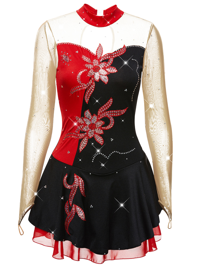  Rochie de Patinaj Artistic Pentru femei Fete Πατινάζ στο πάγο Rochii Ținute Yan roz Alb / Alb Galben și galben Peteci Spandex Înaltă Elasticitate Competiție Ținută Patinaj Clasic Manșon Lung Patinaj