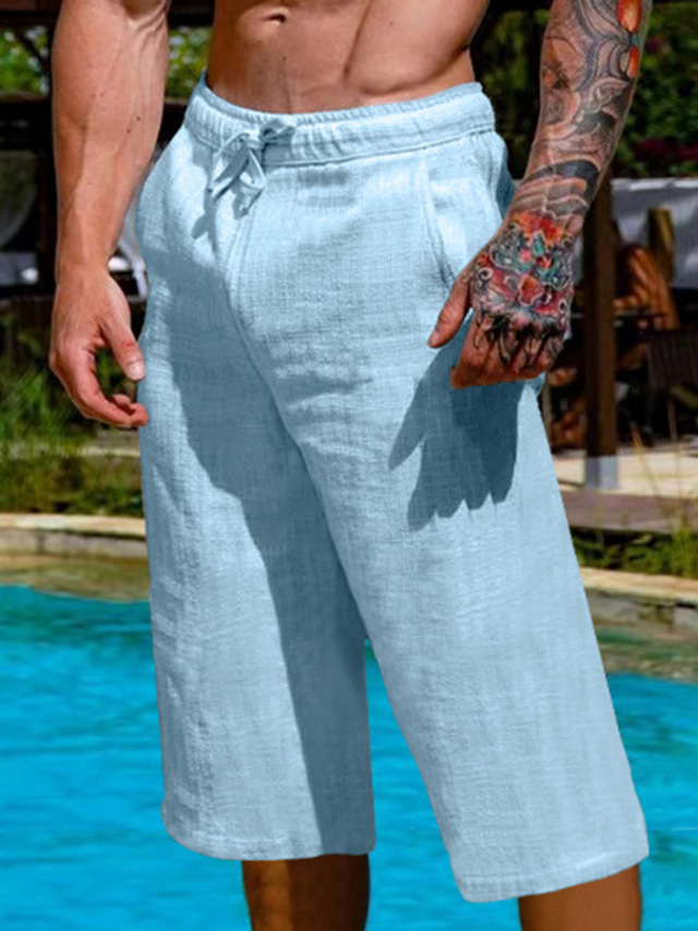  Men's Linen Shorts Summer Shorts Capri Pants Drawstring Elastic Waist Plain Comfort Breathable Outdoor Daily Going out Linen / Cotton Blend Fashion Casual Black White