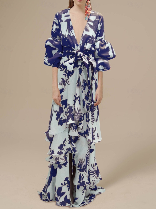  A-Line Floral Dress Beach Wedding Summer Maxi Dresses for Women Holiday Casual Dress Floor Length Long Sleeve V Neck  with Print Strappy  dress to impress Wedding Guest Dress