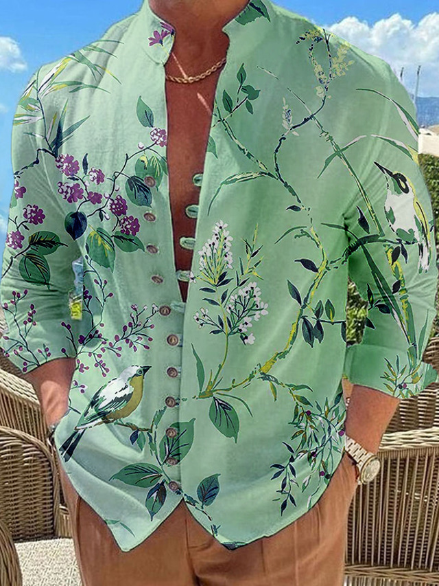  Homme Chemise Chemise Lin Floral Imprimés Photos Mao Rose Claire Bleu Violet Vert Extérieur Plein Air manche longue Imprimer Vêtement Tenue Mode Design Décontractées Confortable