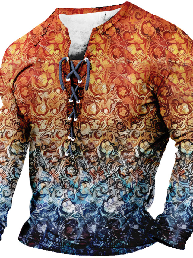  Men's T shirt Tee Graphic Florals Collar Clothing Apparel 3D Print Daily Going out Long Sleeve Lace up Print Fashion Designer Comfortable