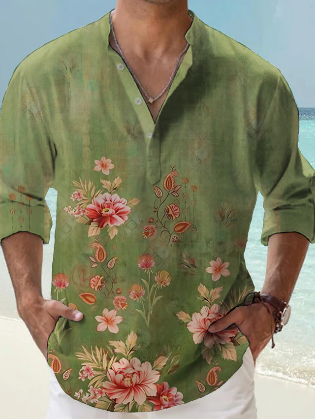 Men's Black Comfort Floral Printed Linen Casual Shirt
