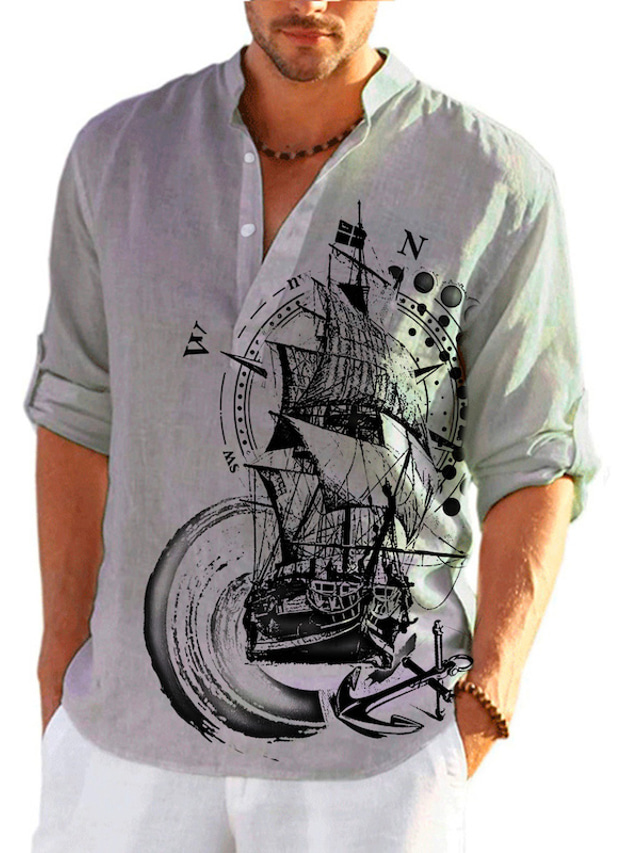  Men's Shirt Linen Shirt Graphic Prints Vintage Sailboat Stand Collar White Pink Blue Brown Gray Outdoor Street Long Sleeve Print Clothing Apparel Linen Fashion Streetwear Designer Casual