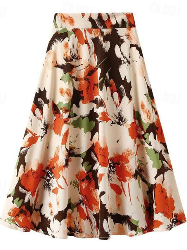  Women's Skirt A Line Midi High Waist Skirts Chiffon Print Color Block Floral Daily Holiday Spring & Summer Chiffon Elegant Summer Yellow Red Blue Orange