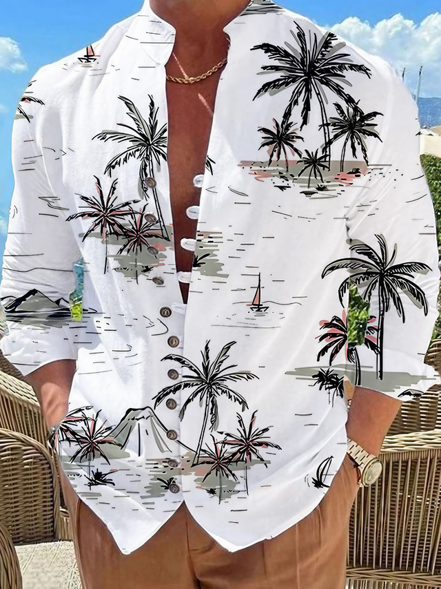  Муж. Рубашка льняная рубашка Гавайская рубашка Кокосовая пальма Графические принты Воротник-стойка Белый Розовый Синий Зеленый на открытом воздухе Для улицы Длинный рукав С принтом Одежда