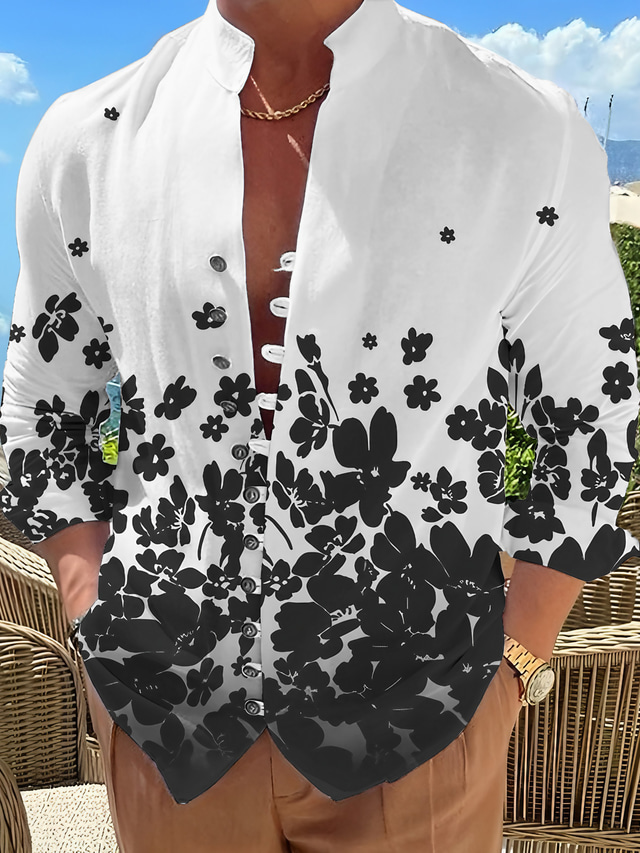  Men's Shirt Linen Shirt Floral Graphic Prints Geometry Argyle Stand Collar Black White Pink Blue Khaki Outdoor Street Long Sleeve Print Clothing Apparel Fashion Designer Casual Comfortable