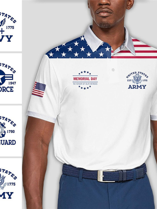  Men's Button Up Polos Lapel Polo Polo Shirt Golf Shirt Letter Graphic Prints American Flag Veterans Turndown Wine Red Navy Blue Blue Outdoor Street Short Sleeves Print Clothing Apparel Sports Fashion