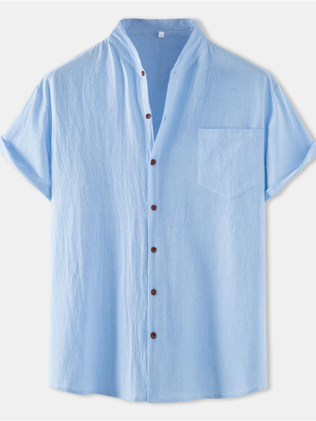  Men's Shirt Button Up Shirt Casual Shirt Summer Shirt Beach Shirt Black White Red Navy Blue Blue Short Sleeve Plain Band Collar Daily Vacation Front Pocket Clothing Apparel Fashion Casual Comfortable