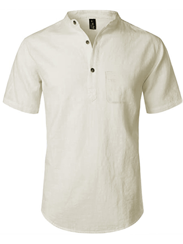  Homens Camisa Social camisa de linho Cor Sólida Colarinho Chinês Rua Casual Botão para baixo Manga Curta Blusas Casual Moda Respirável Confortável Branco Preto Azul / Verão