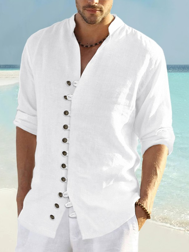  Herren Hemd leinenhemd Sommerhemd Strandhemd Schwarz Weiß Rosa Langarm Glatt Kragen Frühling Sommer Casual Täglich Bekleidung