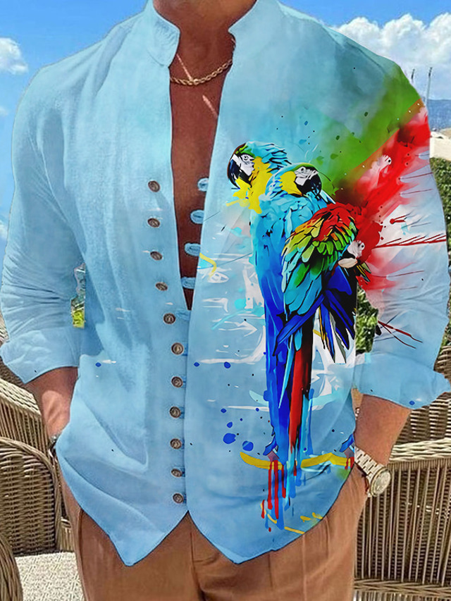  Bărbați Cămașă cămașă de in Imprimeu Grafic Papagal Guler de stand Galben Albastru piscină Mov Trifoi În aer liber Stradă Manșon Lung Imprimeu Îmbrăcăminte Modă Designer Casual Comfortabil