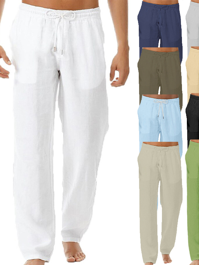  calças casuais masculinas, calças retas simples esportivas com bolsos confortáveis, algodão respirável, calças largas para o dia ao ar livre.