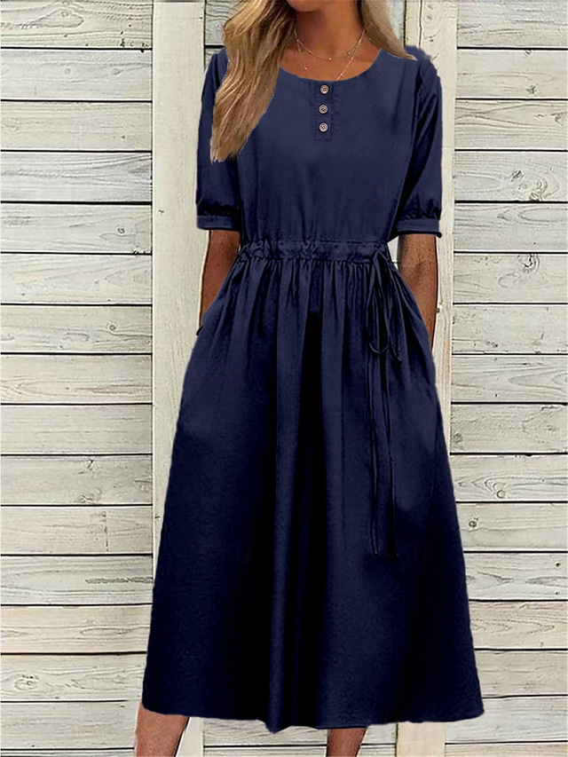  Dames Marineblauw blauw Licht Paars Zomer Lente Herfst Halflange jurk Casual jurk Swingjurk Basic Modern Casual Buiten Dagelijks Ruim Passend Effen Strakke ronde hals