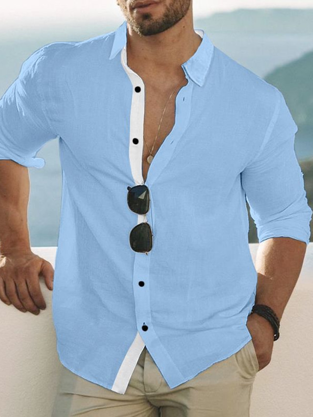  Men's Shirt Button Up Shirt Summer Shirt Beach Shirt White Navy Blue Blue Long Sleeve Color Block Lapel Spring & Summer Casual Daily Clothing Apparel