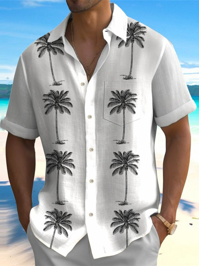 Herren Hemd Leinenhemd Hawaiihemd Sommerhemd Kokosnussbaum Grafik 