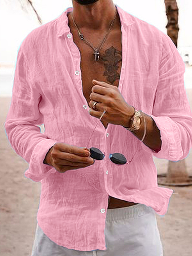  Voor heren linnen overhemd Normaal shirt Zomer overhemd Strand hemd Zwart Wit Blozend Roze Lange mouw Effen Revers Lente zomer Hawaii Feestdagen Kleding Standaard