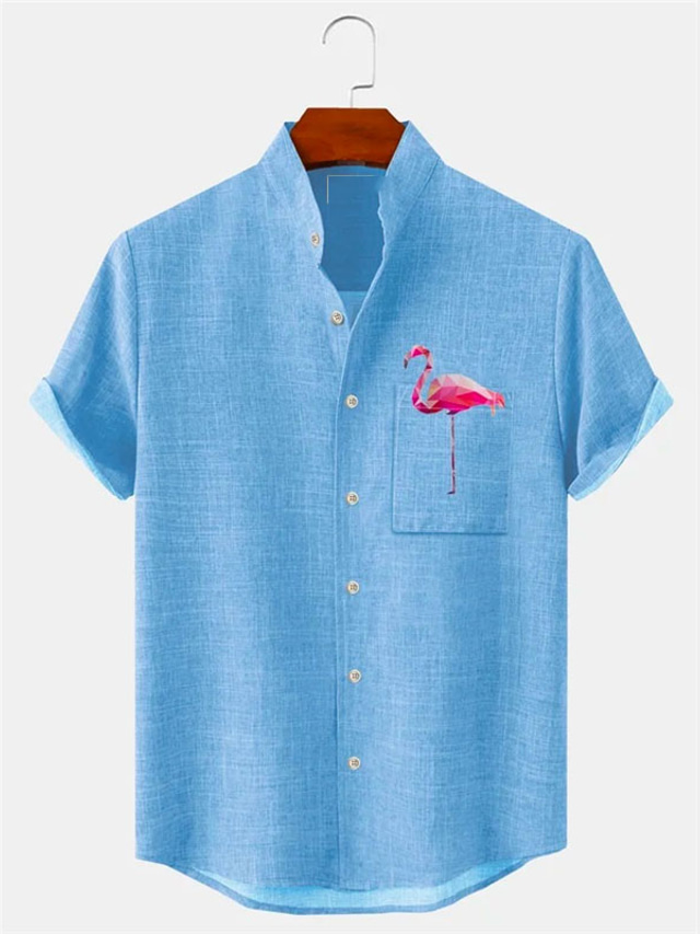  Bărbați Cămașă cămașă de in Flamingo Imprimeu Grafic Guler de stand Galben Albastru piscină Trifoi Albastru Deschis Gri În aer liber Stradă Manșon scurt Imprimeu Îmbrăcăminte In Modă Șic Strad