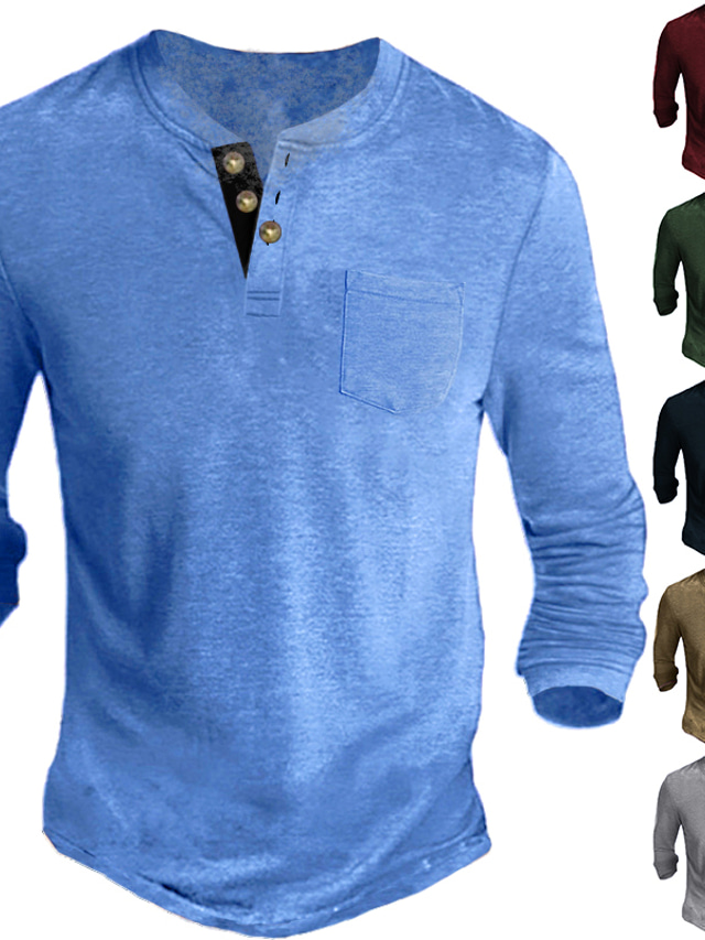  Men's Henley Shirt Tee Solid Color Henley Wine Green Black Blue Khaki Casual Holiday Long Sleeve Button-Down Clothing Apparel Fashion Designer Comfortable Essential