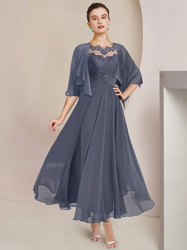  Kaksiosainen A-linjainen Äiti mekko virallinen häävieras Elegantti Pyöreä kaula-aukko Tee pituus Chiffon pitsi 3/4 hihainen vaippa mukana Appliques Ruching 2025 ilmainen mittatilaus