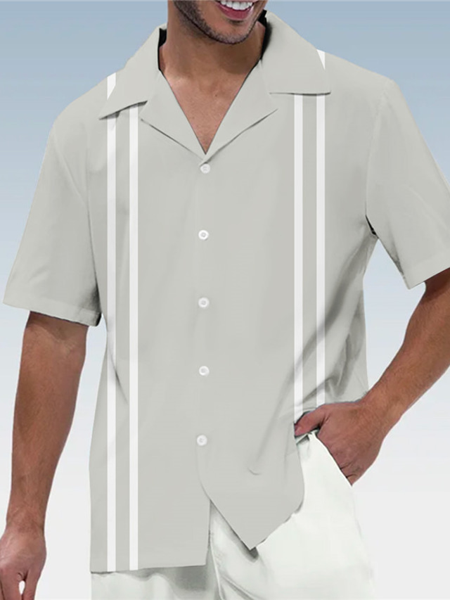  Men's Shirt Striped Graphic Prints Geometry Cuban Collar Dark Gray Gray Outdoor Casual Short Sleeve Print Clothing Apparel Sports Fashion Streetwear Designer