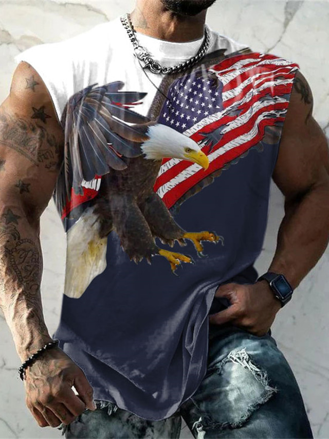  Veteranstag Herren Patriot Patriotic Veteran Grafik Farbblock Adler Nationalflagge Weste Top Ärmelloses T-Shirt für Männer Ärmelloses Cap Sleeve T-Shirt 3D Druck Rundhals Shirt Mode Designer
