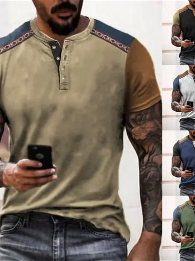 Men's Henley Shirt Tee Top Color Block Plain Henley Street Vacation ...