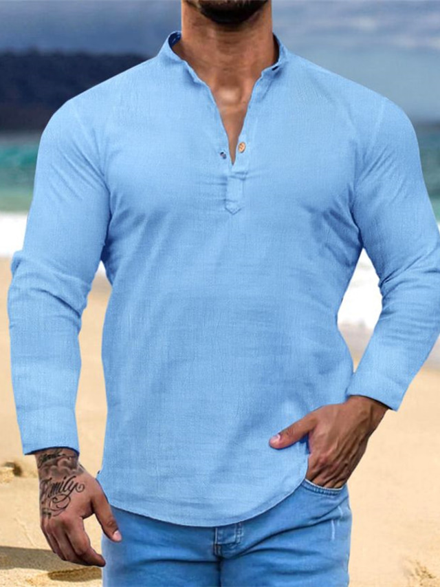 Runcati Linnen herenhemd met lange mouwen, opstaande kraag, strandhemd, zomerhemd, elegante shirts, blauw, M