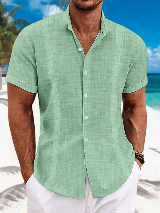  Herr Skjorta Guayabera skjorta linneskjorta Knapp upp skjorta Sommarskjorta Strandskjorta Svart Vit Blå Kortärmad Slät Krage Sommar Ledigt Dagligen Kläder
