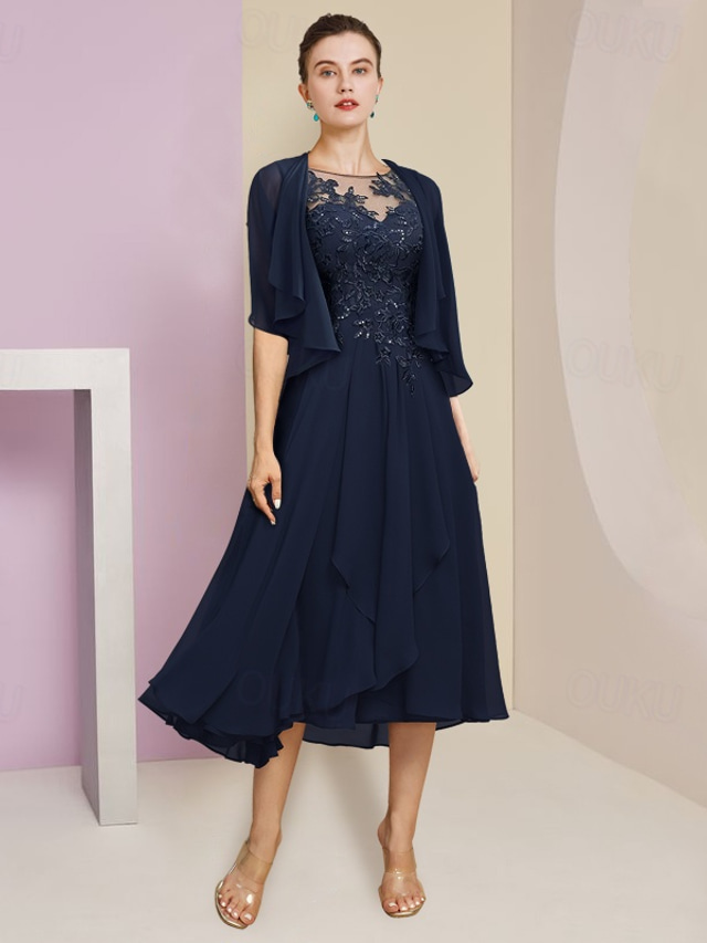  Two Piece A-Line Mother of the Bride Dress Formal Wedding Guest Elegant Scoop Neck Tea Length Chiffon Lace Short Sleeve Wrap Included with Pleats Sequin Appliques 2025 free custom size